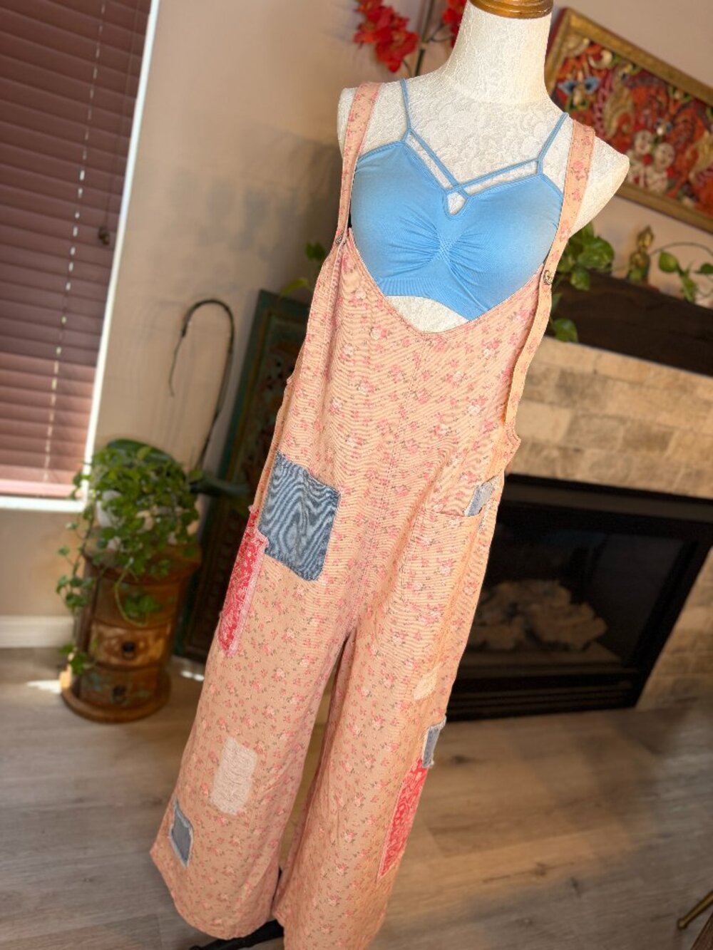POL NWT Pink Floral Patchwork Wide Leg Overalls Boho - M